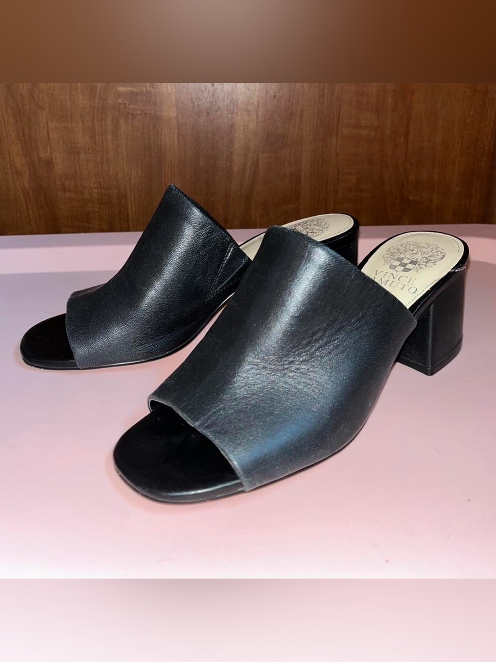 Vince Camuto Black Leather Open-Toe Block Heel Mules